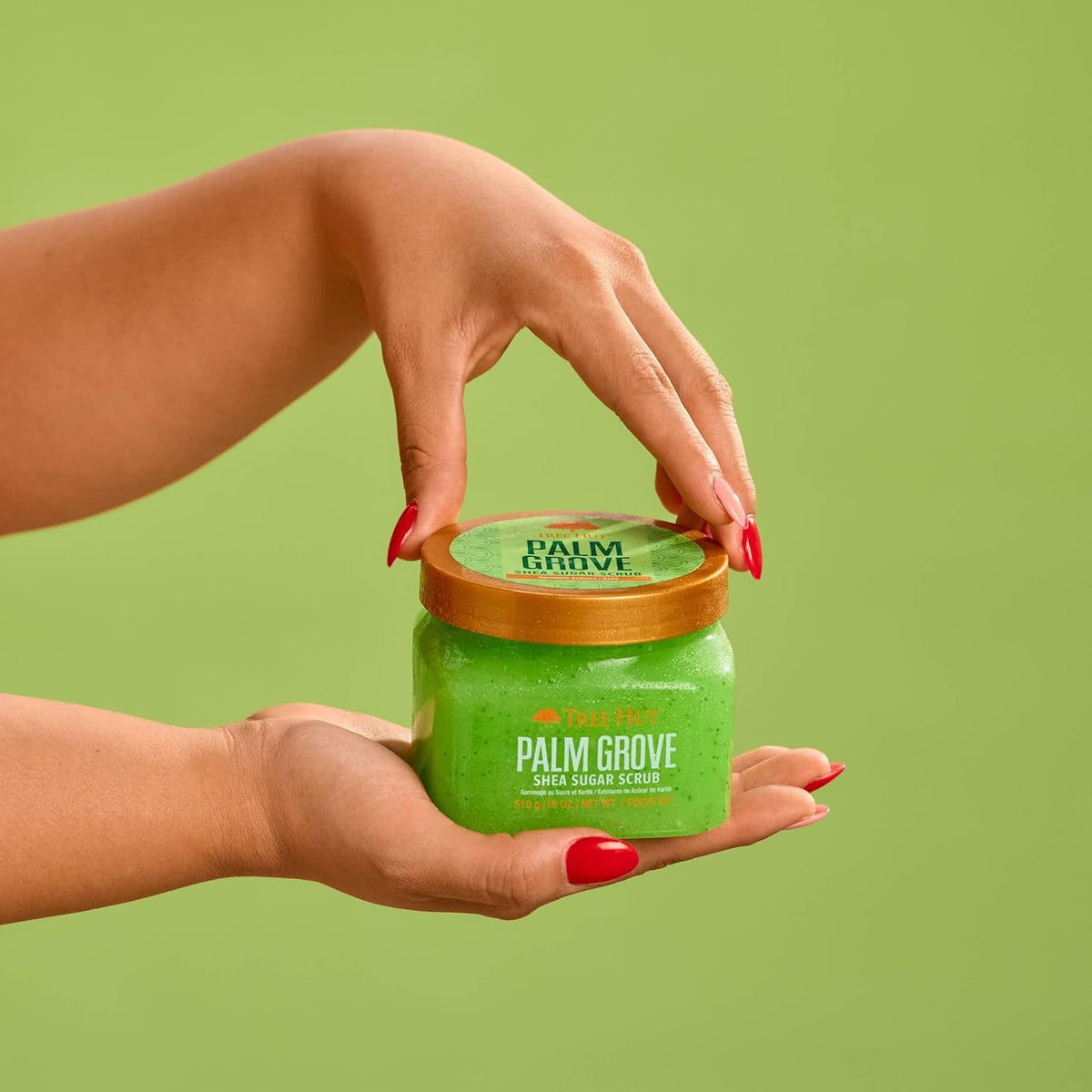 Tree Hut label detail highlighting Palm Grove fragrance notes and vegan claim