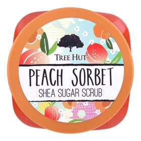 Tree Hut open jar showing creamy peach sorbet texture for easy application