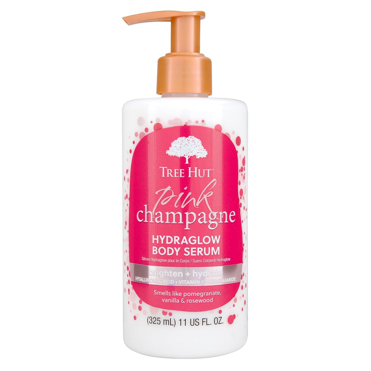 Tree Hut front bottle showing Pink Champagne hydraglow serum and hydration benefit
