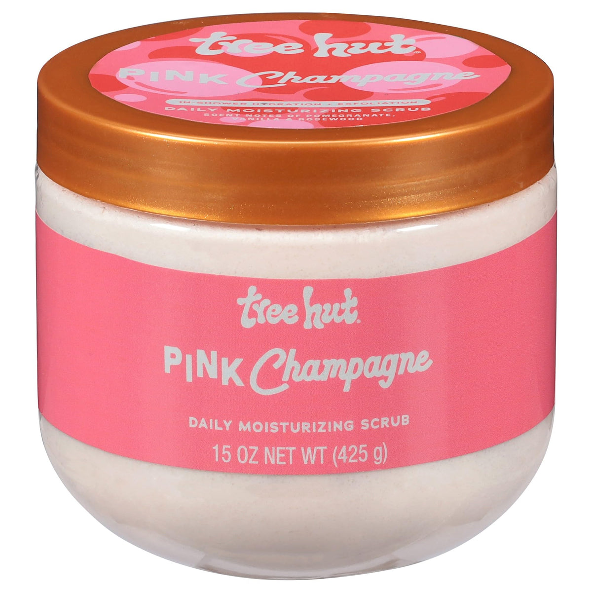Tree Hut front packaging showing pink champagne scrub and benefits