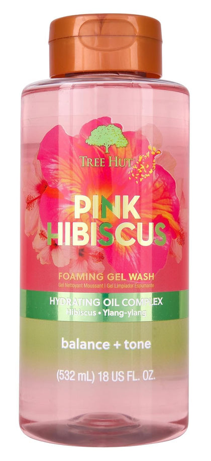 Tree Hut bottle front view showing pink hibiscus scent and moisturizing promise
