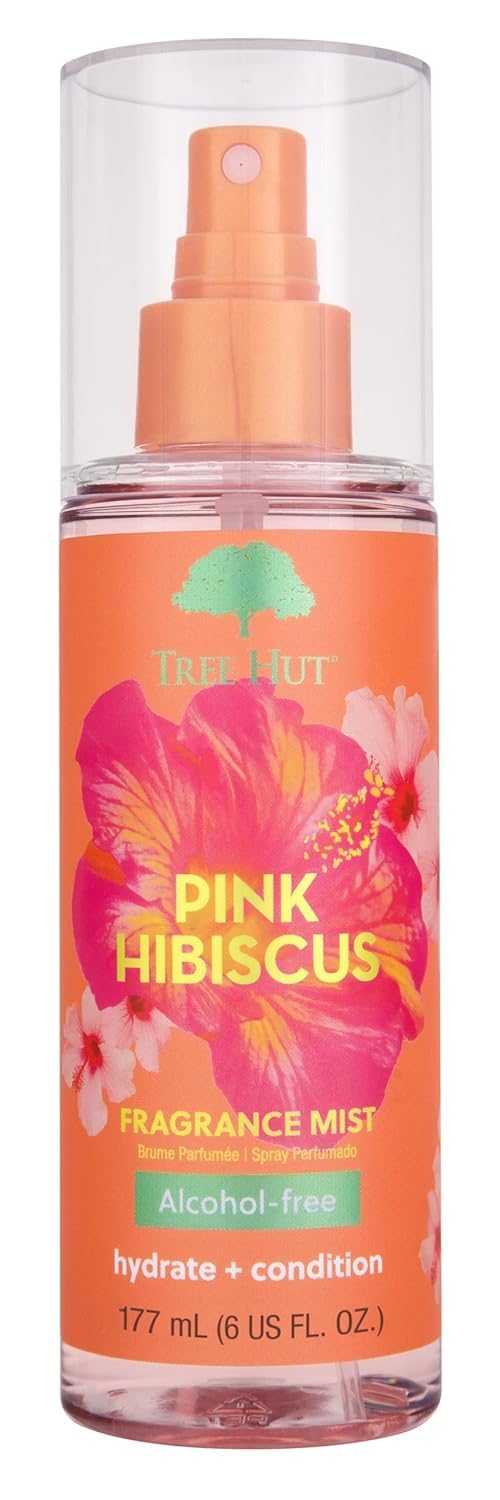 Tree Hut bottle front packaging showing pink hibiscus scent and benefits