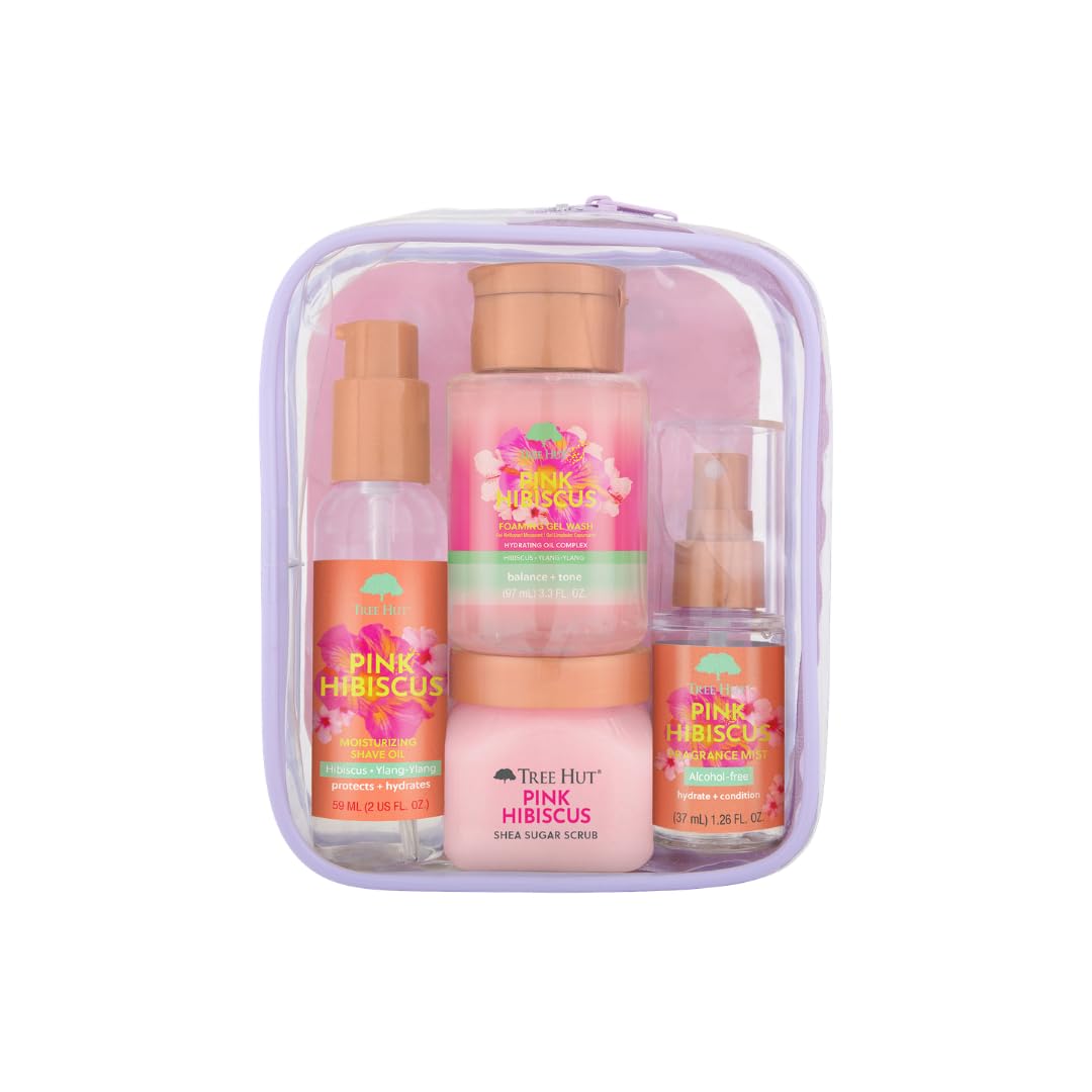 Tree Hut front packaging of Pink Hibiscus gift set showing product benefits