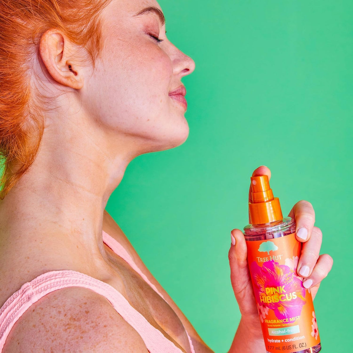 Tree Hut hair spritz in use showing conditioning and fresh fragrance