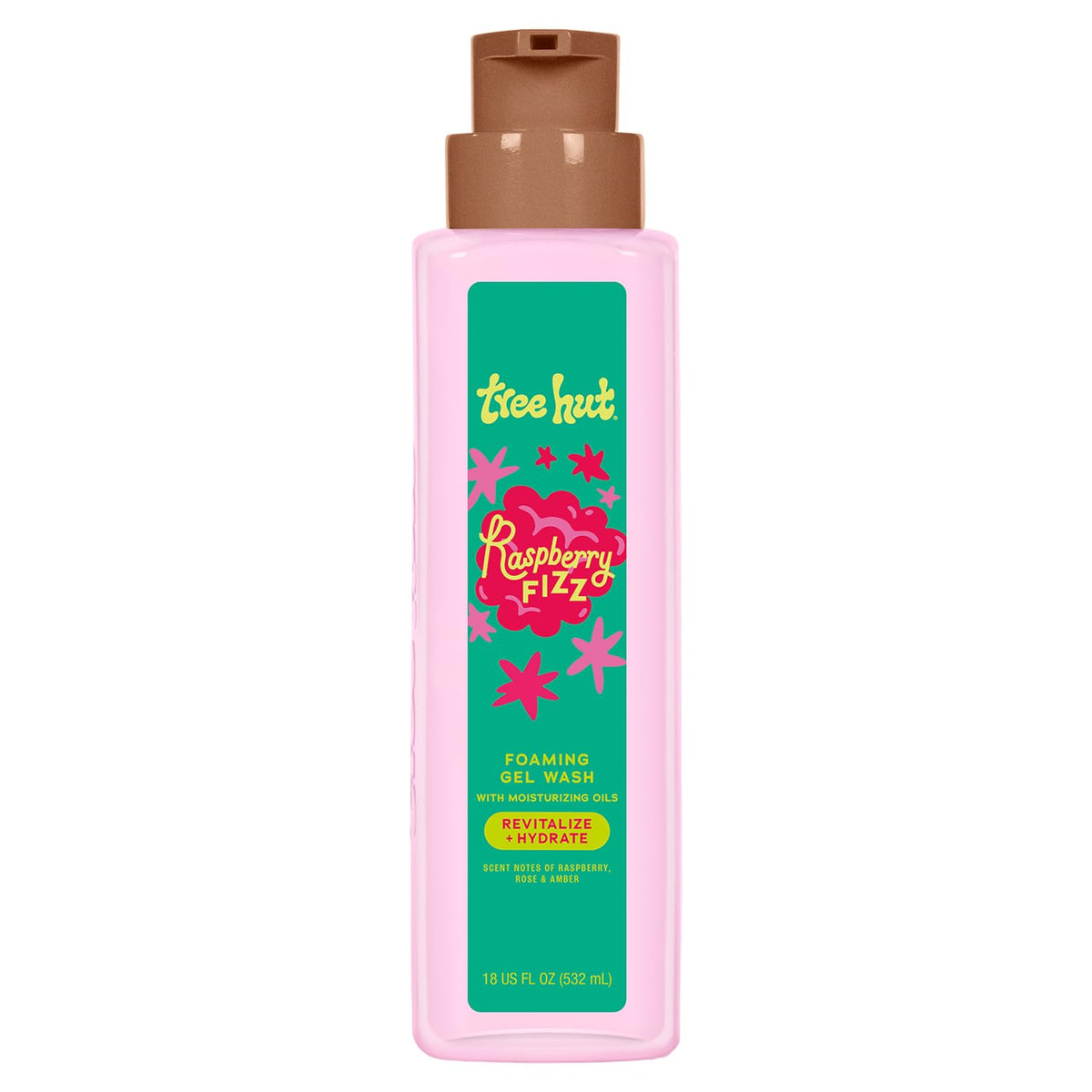 Tree Hut front packaging showing raspberry fizz bottle and vibrant label for quick recognition and appeal