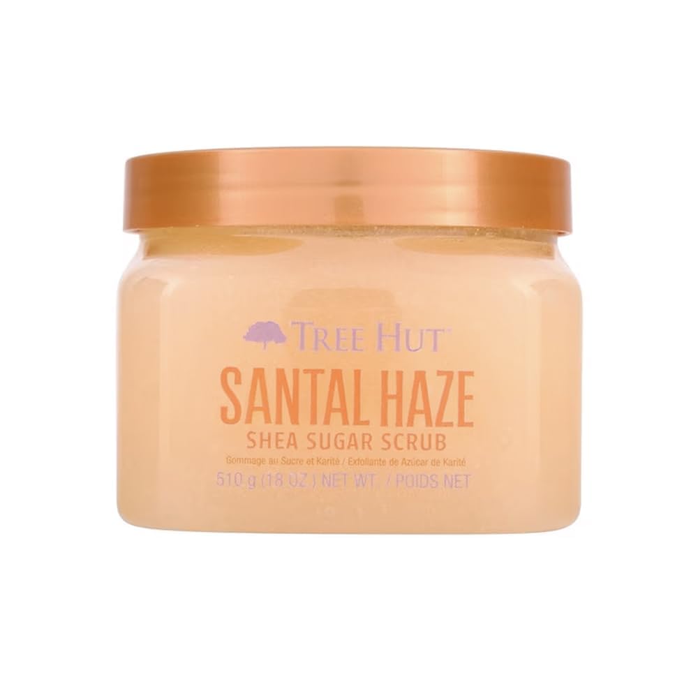 Tree Hut jar front view showing Santal Haze label and warm packaging benefit