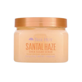 Tree Hut jar front view showing Santal Haze label and warm packaging benefit