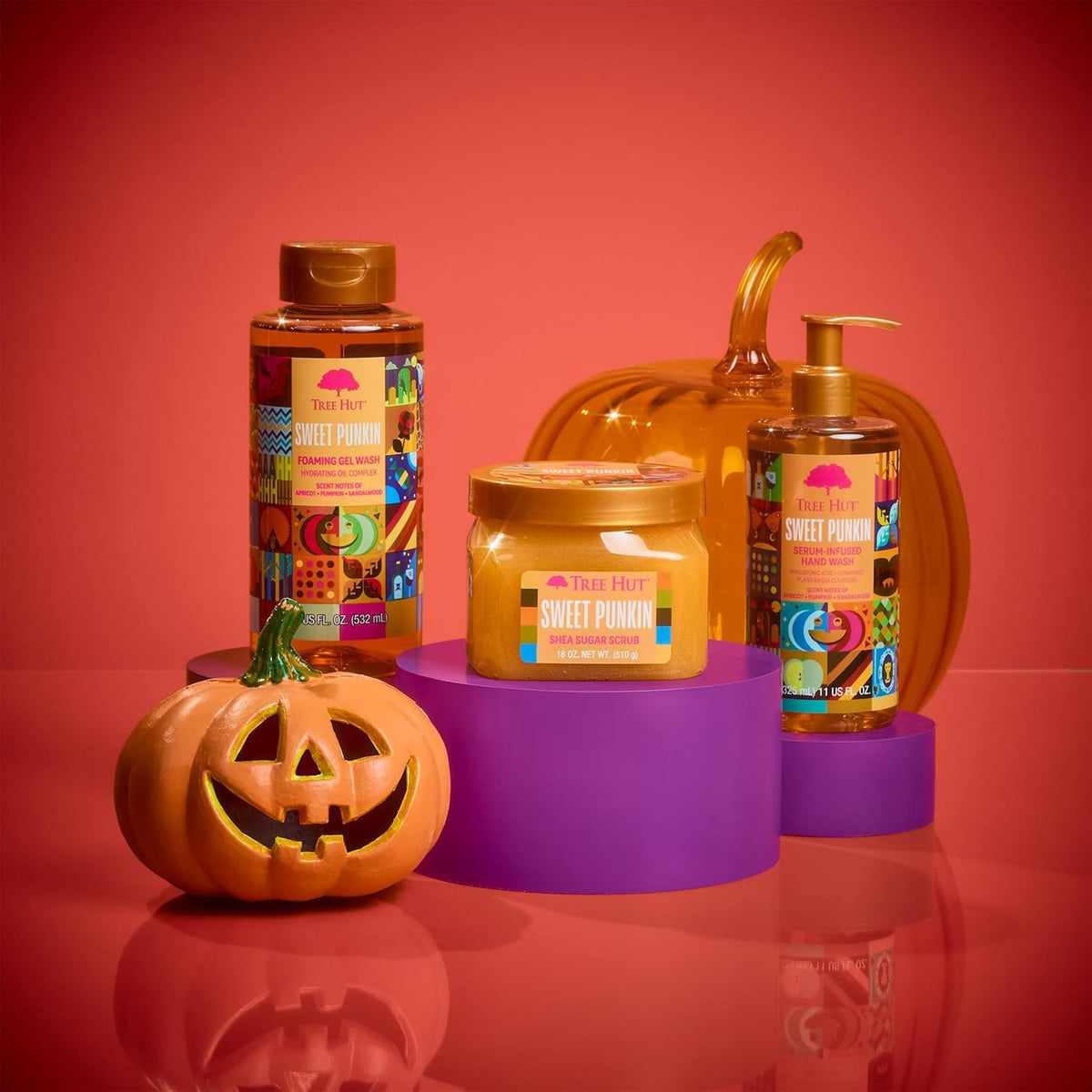 Tree Hut Sweet Punkin in bathroom setting conveying cozy self care and seasonal mood