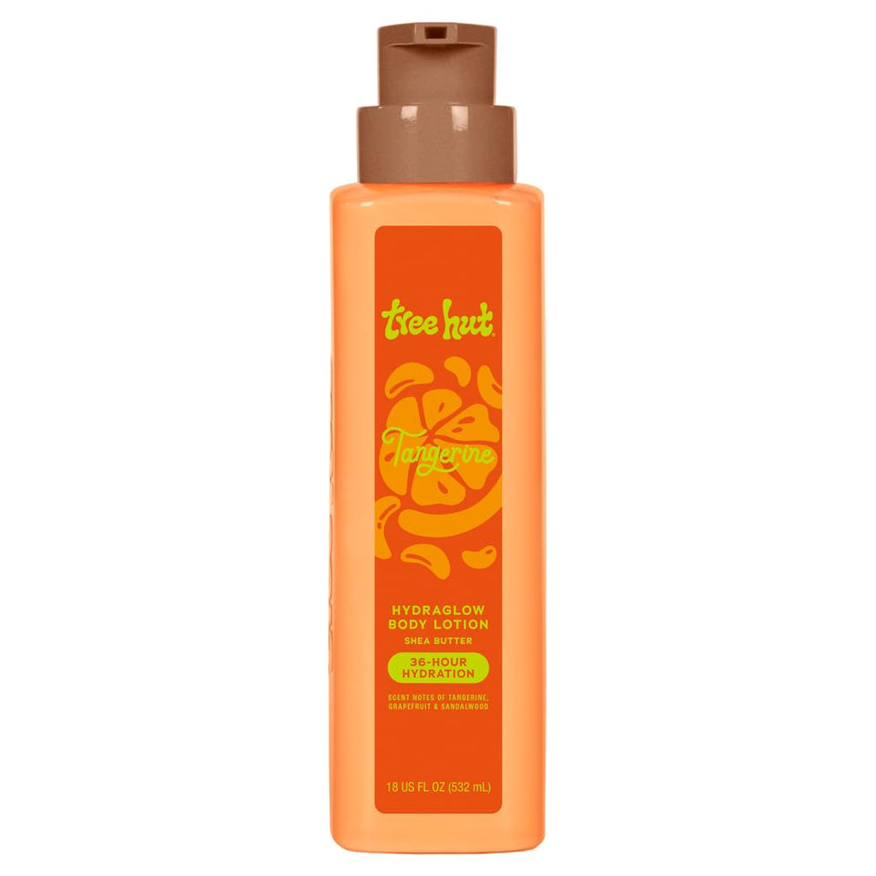 Tree Hut front bottle showing bright tangerine packaging and benefits
