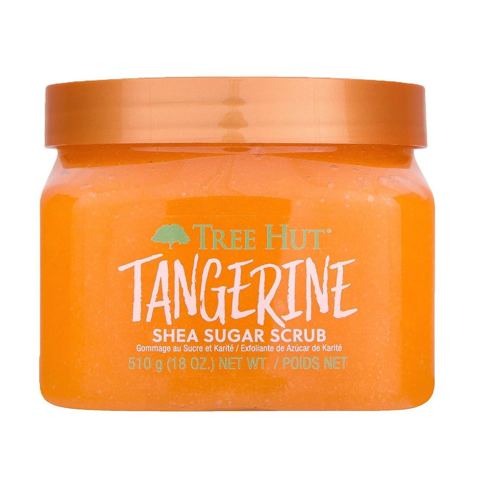 Tree Hut front jar showing tangerine-scented scrub and bright packaging for appeal