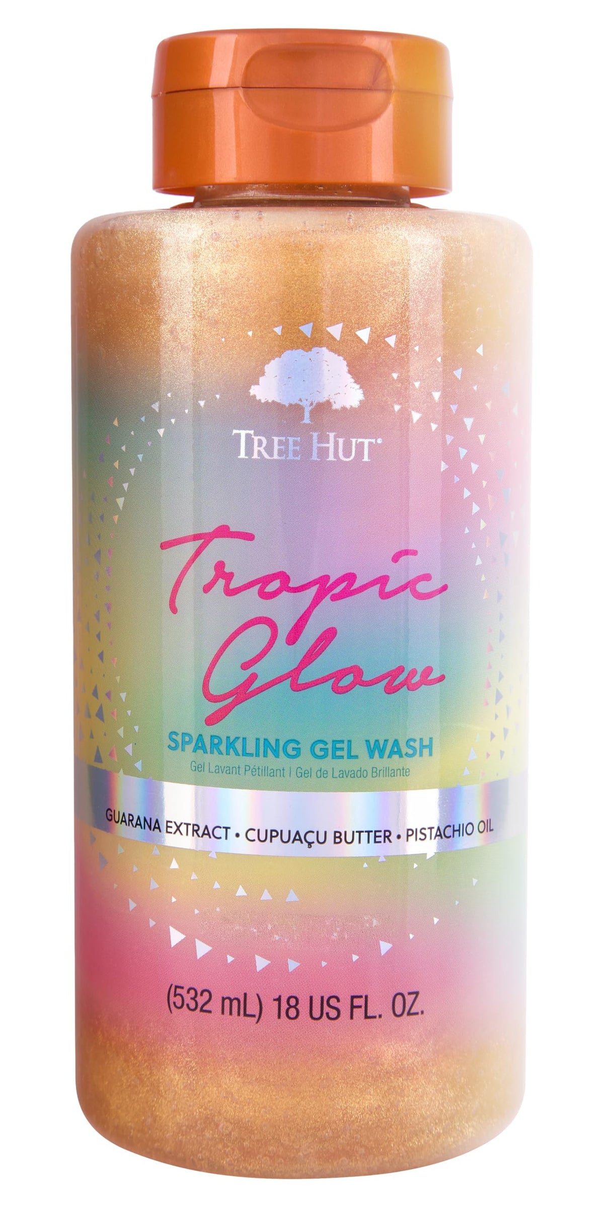 Tree Hut front bottle showing Tropic Glow packaging and benefit of soft skin