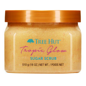 Tree Hut jar front view showing Tropic Glow label and 18 oz size benefits