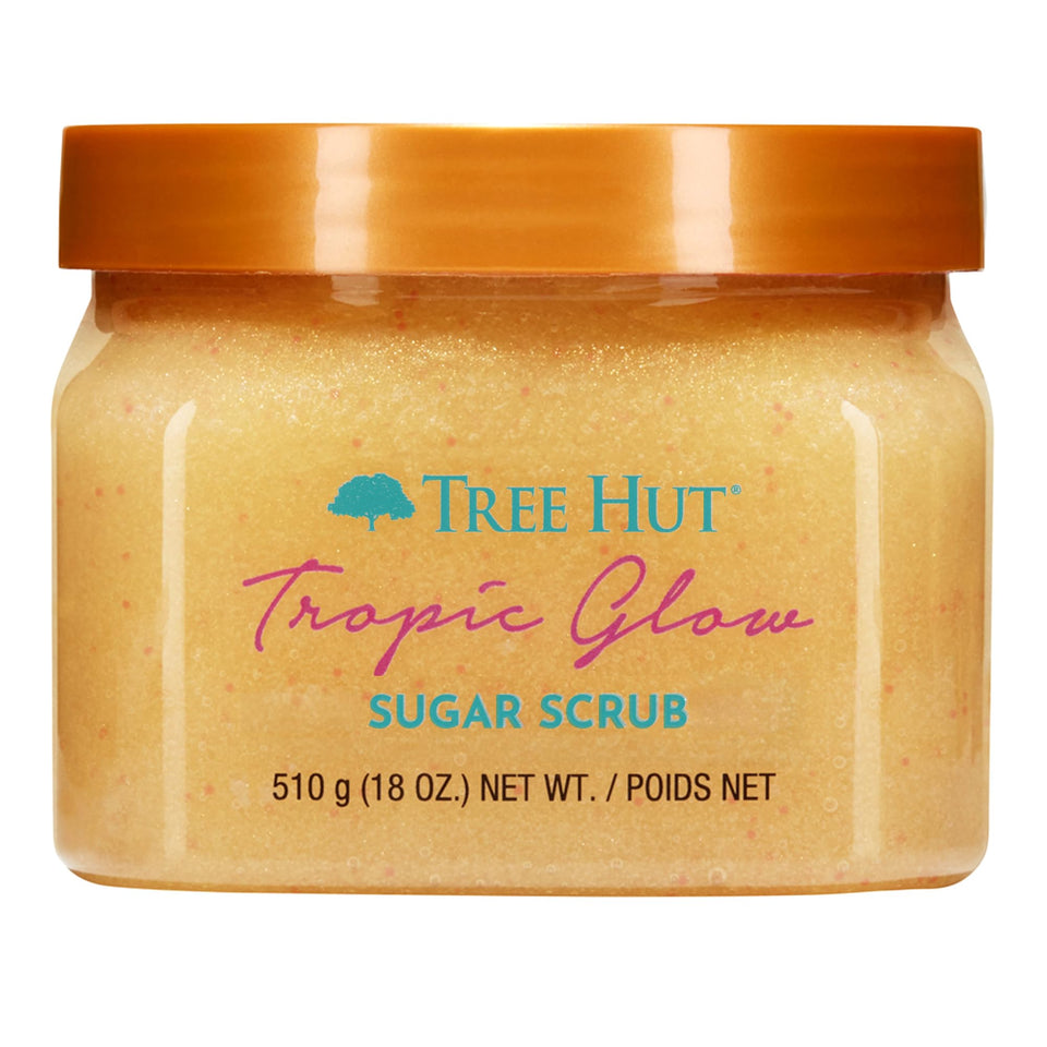 Tree Hut jar front view showing Tropic Glow label and 18 oz size benefits