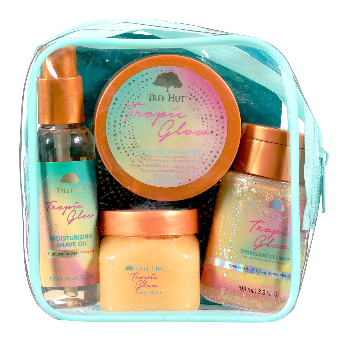 Tree Hut front packaging showing travel-size set and tropical scent benefit