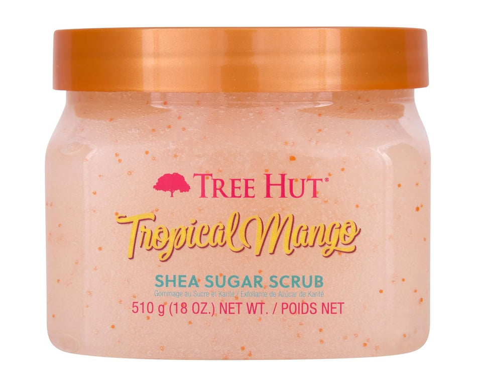 Tree Hut front jar showing Tropical Mango label and 18 oz size for long-lasting use