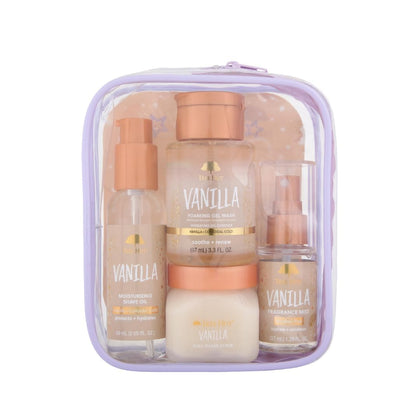 Tree Hut front packaging showing the travel-size vanilla gift set and easy gifting