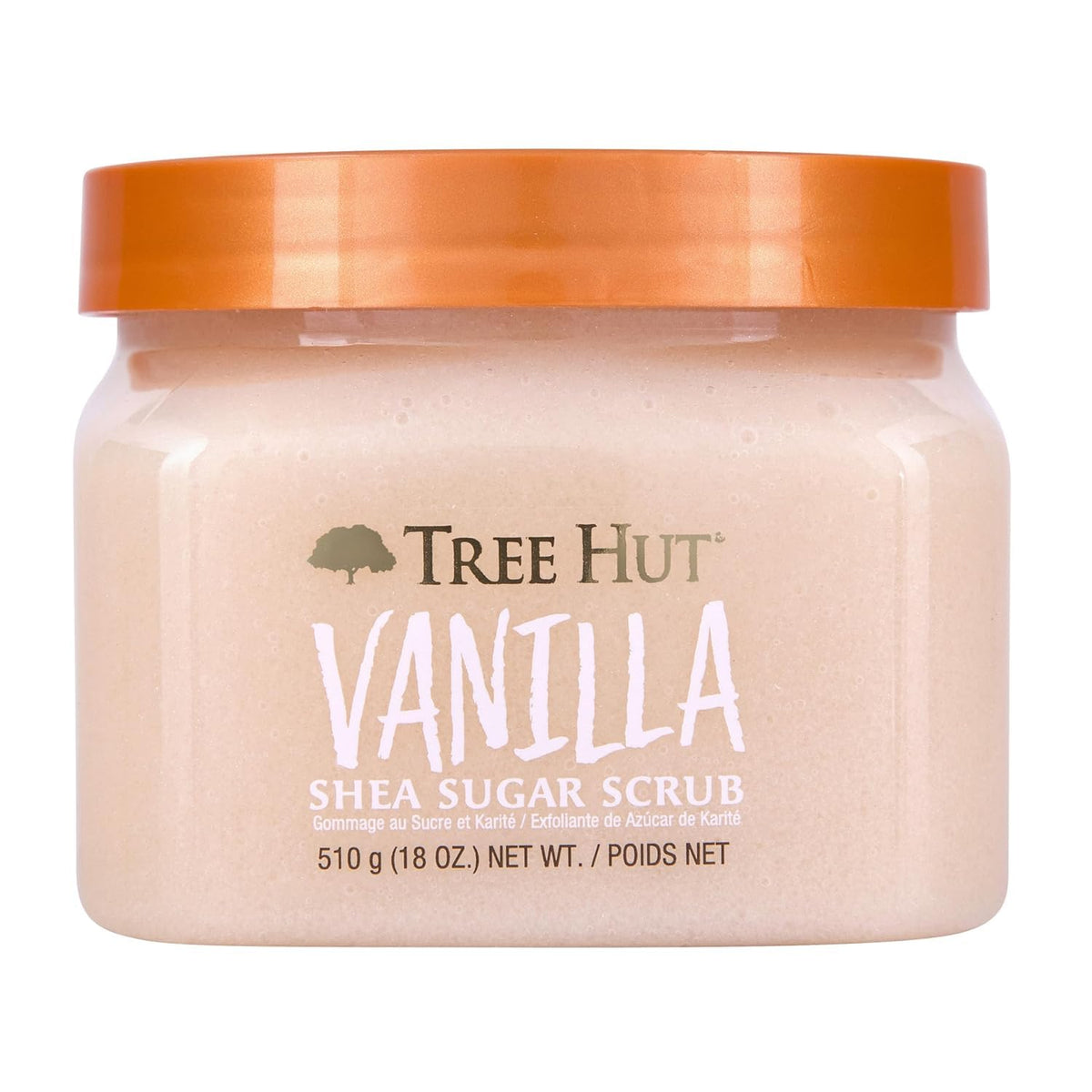 Tree Hut front jar of vanilla shea sugar scrub showing product branding and size