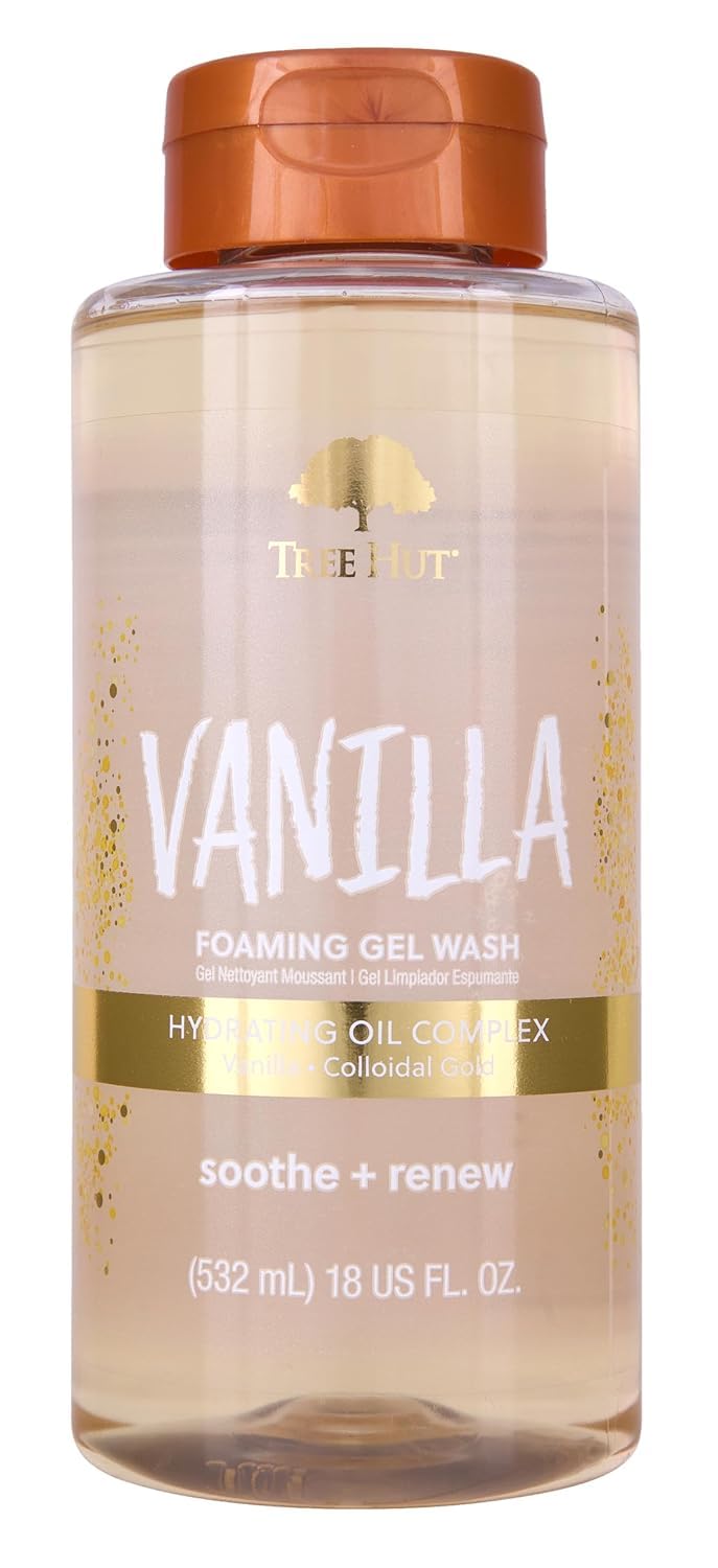Tree Hut front packaging showing 18 fl oz bottle and vanilla scent benefit