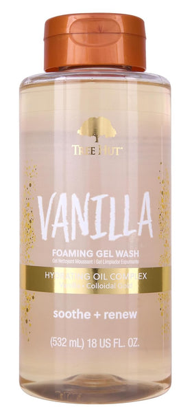 Tree Hut front packaging showing 18 fl oz bottle and vanilla scent benefit