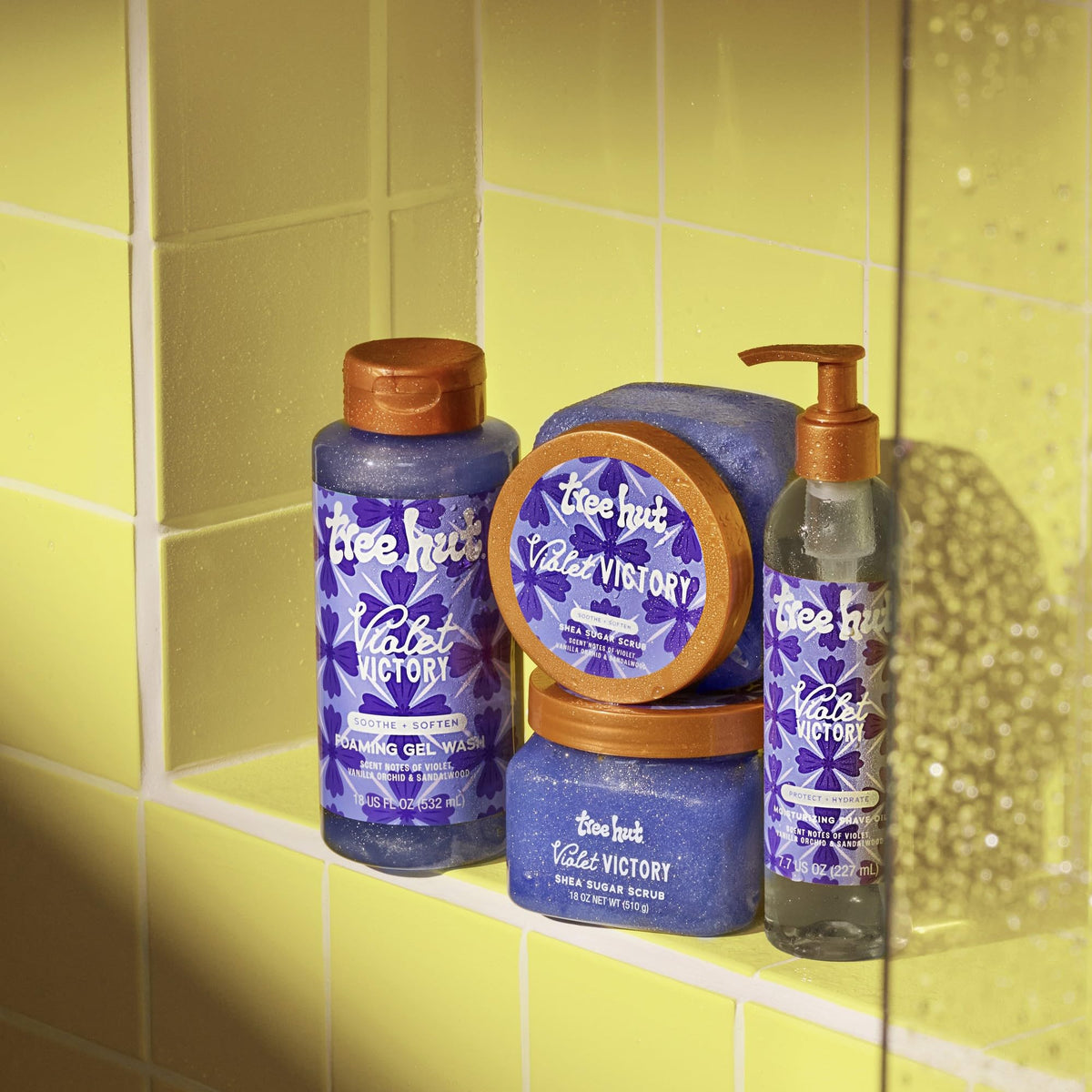 Tree Hut scrub on bathroom shelf creating a calming self-care scene