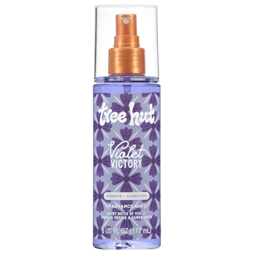 Tree Hut front bottle showing violet vanilla orchid scent and 6 oz size benefit