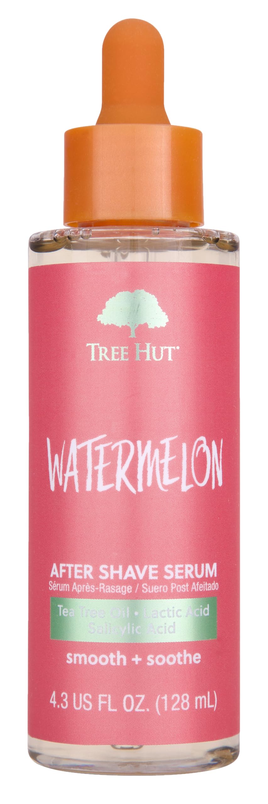 Tree Hut bottle front view showing watermelon after shave serum and benefits