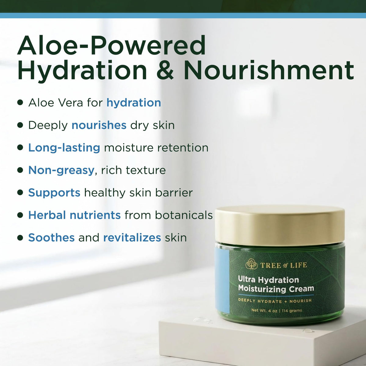Tree of Life Beauty jar open with visible cream for quick absorption benefit