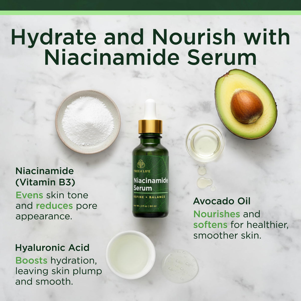 Tree of Life dropper dispensing serum showing silky texture and hydration