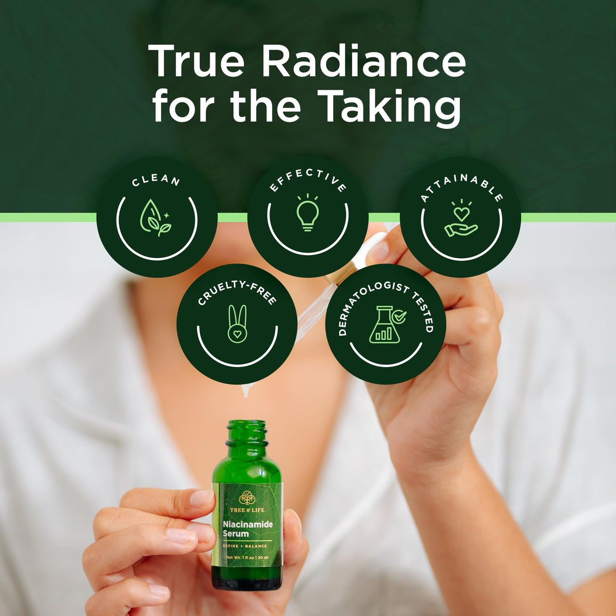 Tree of Life bottle staged on vanity to show daily routine compatibility