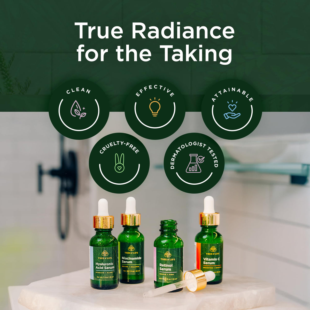 Tree of Life lifestyle bathroom shelf showing elegant, cruelty-free set