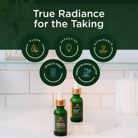 Tree of Life serums staged on a bathroom vanity for daily routine