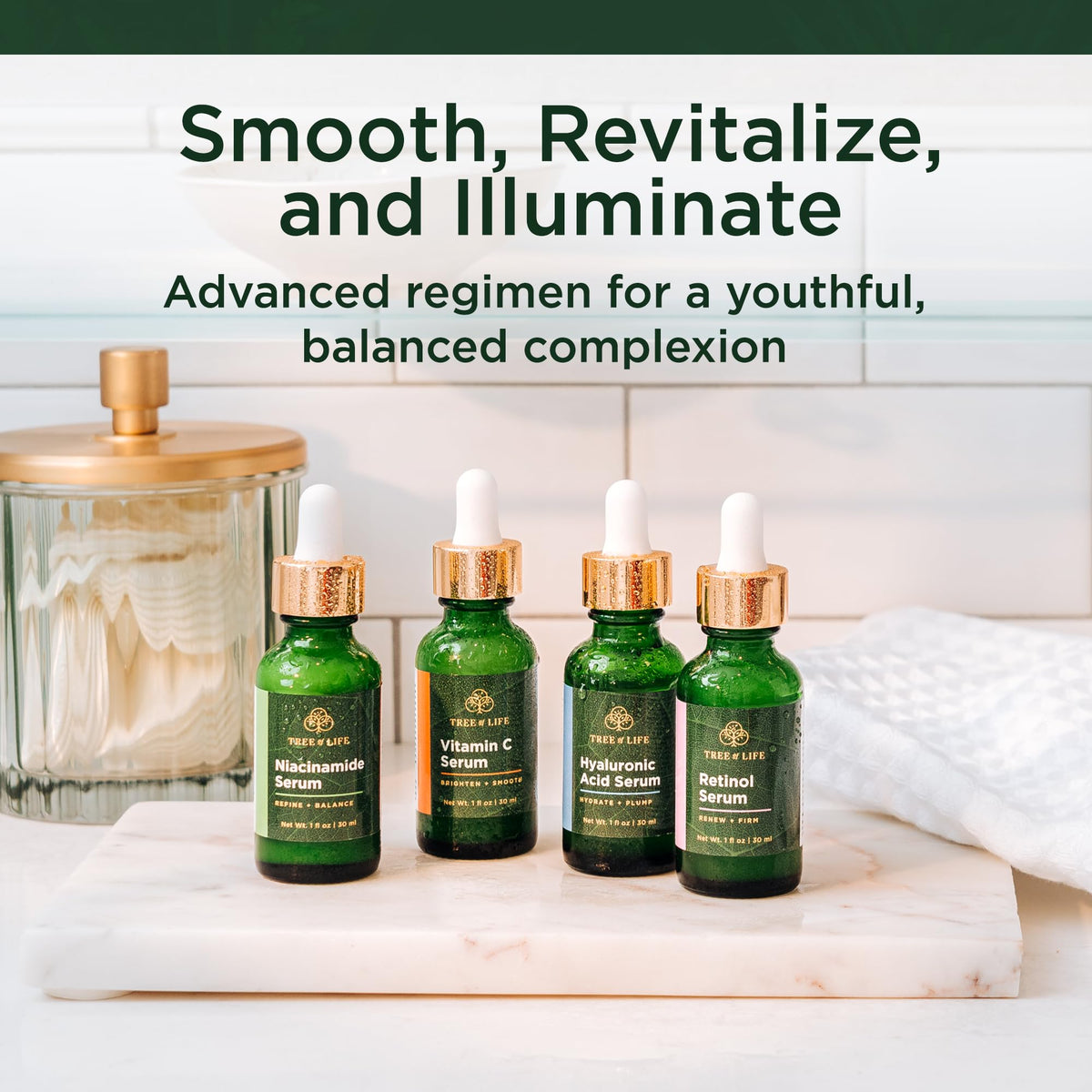 Tree of Life niacinamide bottle detail highlighting pore-refining benefit