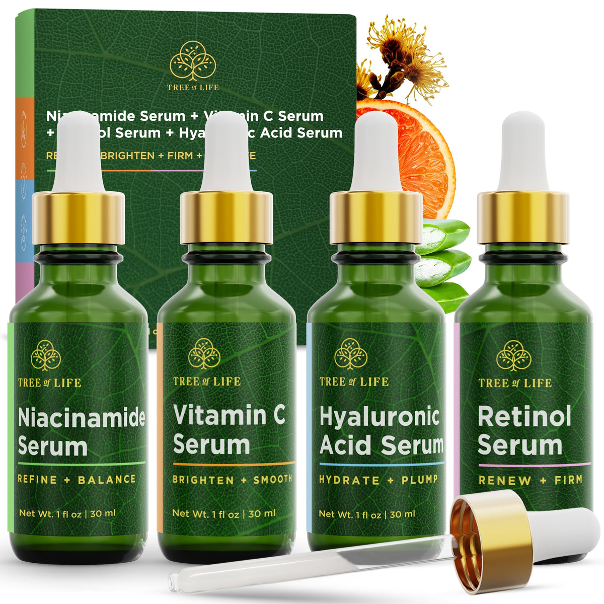 Tree of Life set front packaging showing all four serums and benefits