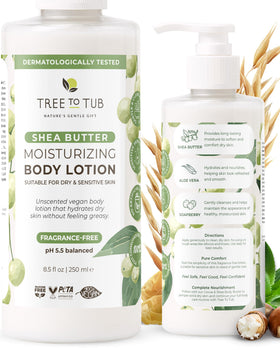 Tree To Tub front bottle shot showing unscented lotion for dry skin benefits