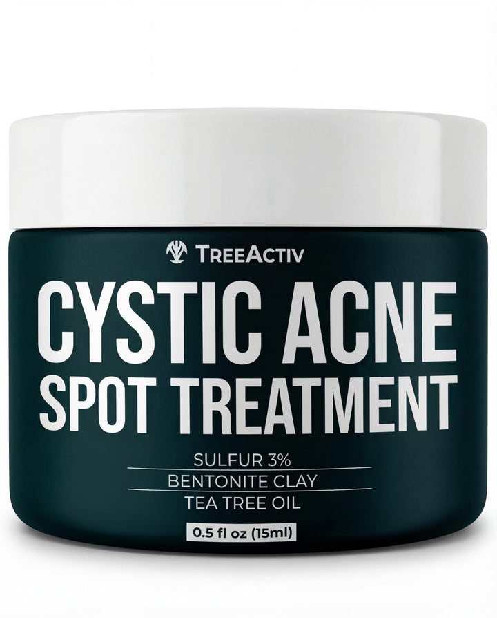 TreeActiv front jar view showing compact sulfur spot treatment benefits