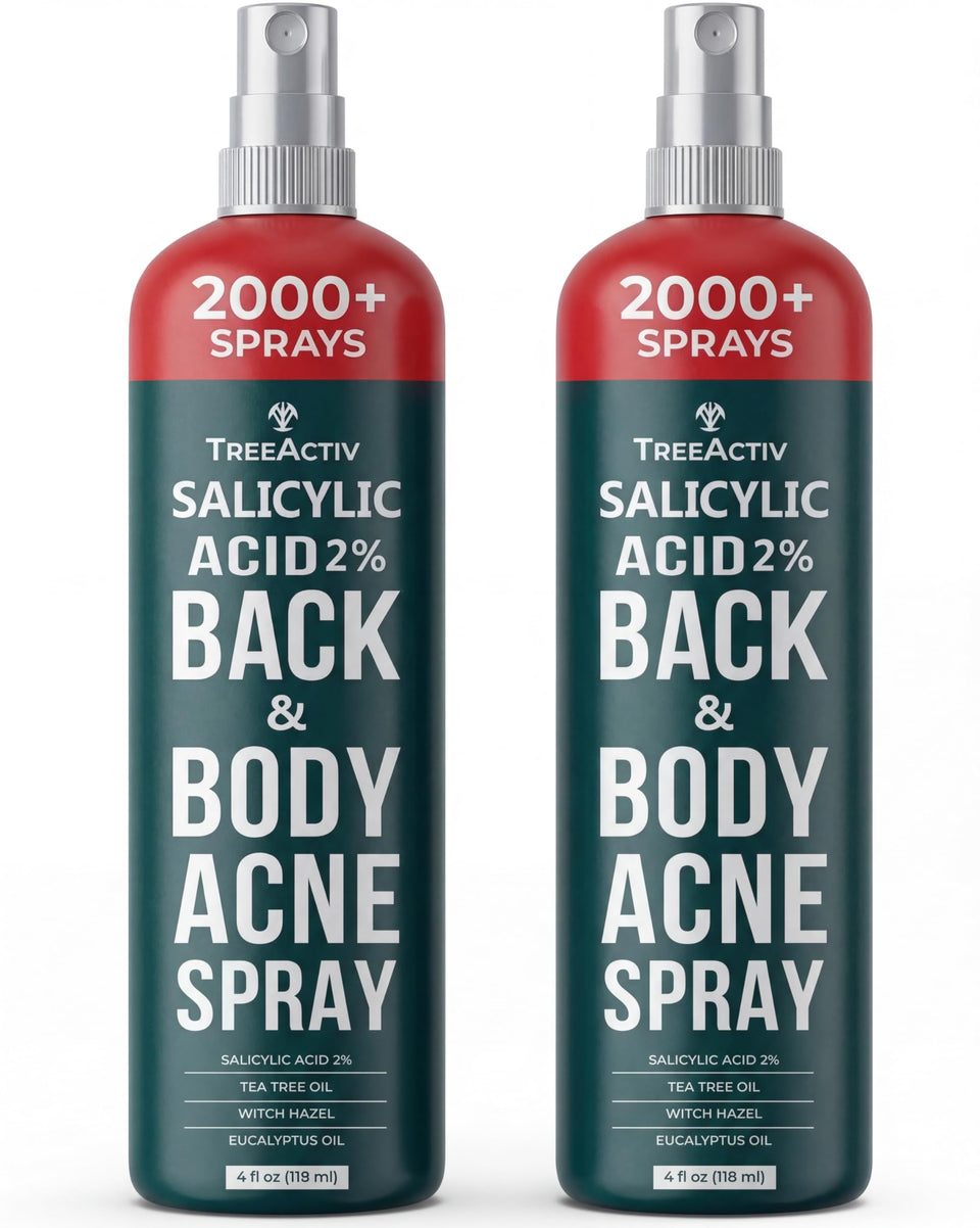 TreeActiv front packaging showing two acne spray bottles and benefits