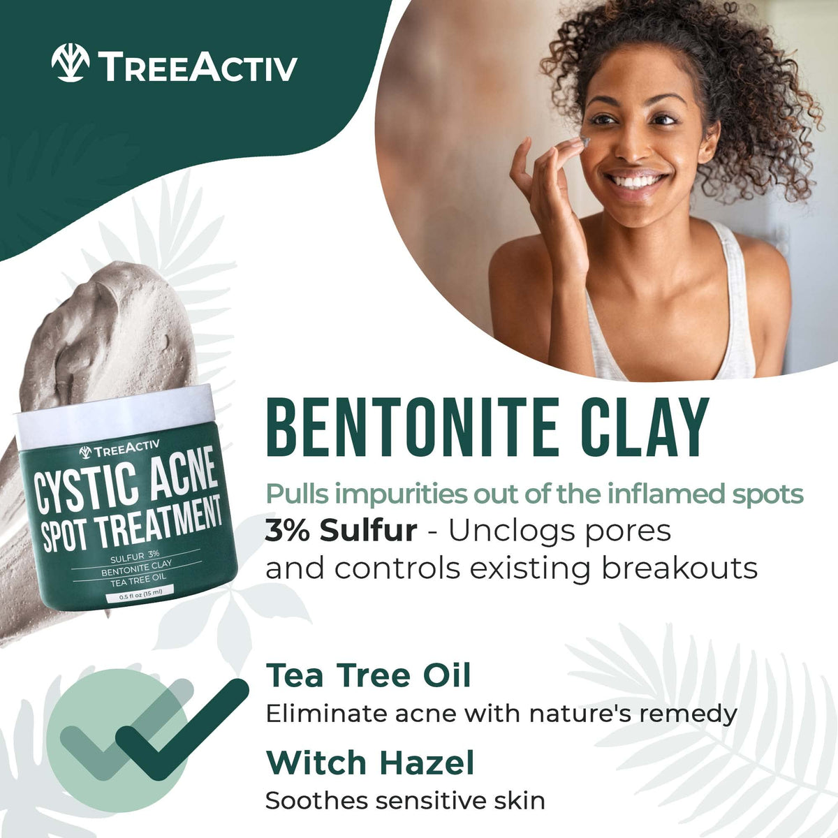 TreeActiv ingredients flatlay with tea tree and clay showing natural components