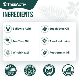 TreeActiv droplet on skin showing aloe and tea tree texture, soothing finish benefit