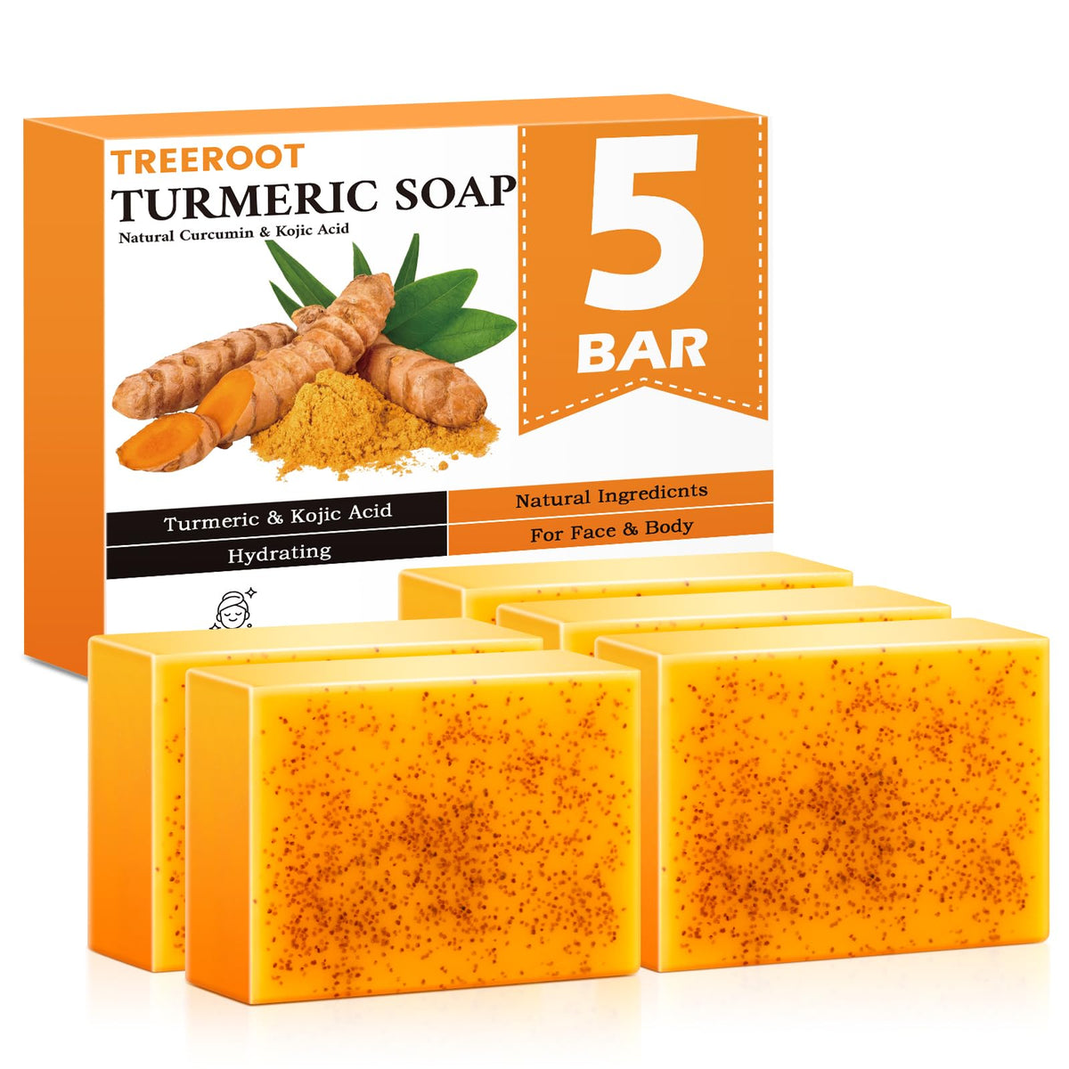 Treeroot front packaging showing five turmeric soap bars benefits
