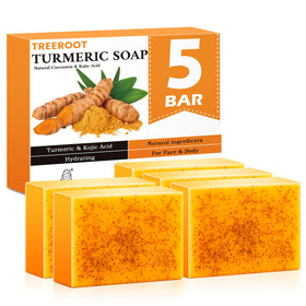 Treeroot front packaging showing five turmeric soap bars benefits