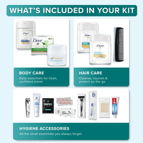 TREKTOTE toiletries laid out overview highlighting organized essentials for travel