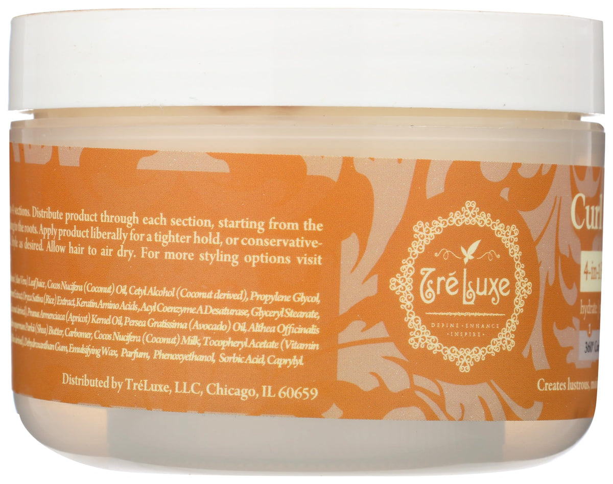 Treluxe applied to damp curly hair demonstrating enhanced curl definition and moisture