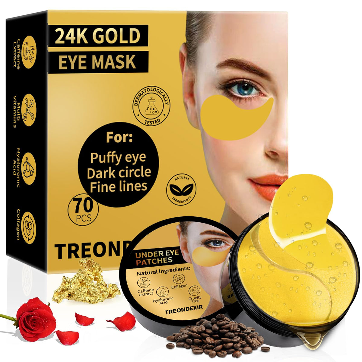 Treondexir front packaging showing 70 eye masks and clear benefits