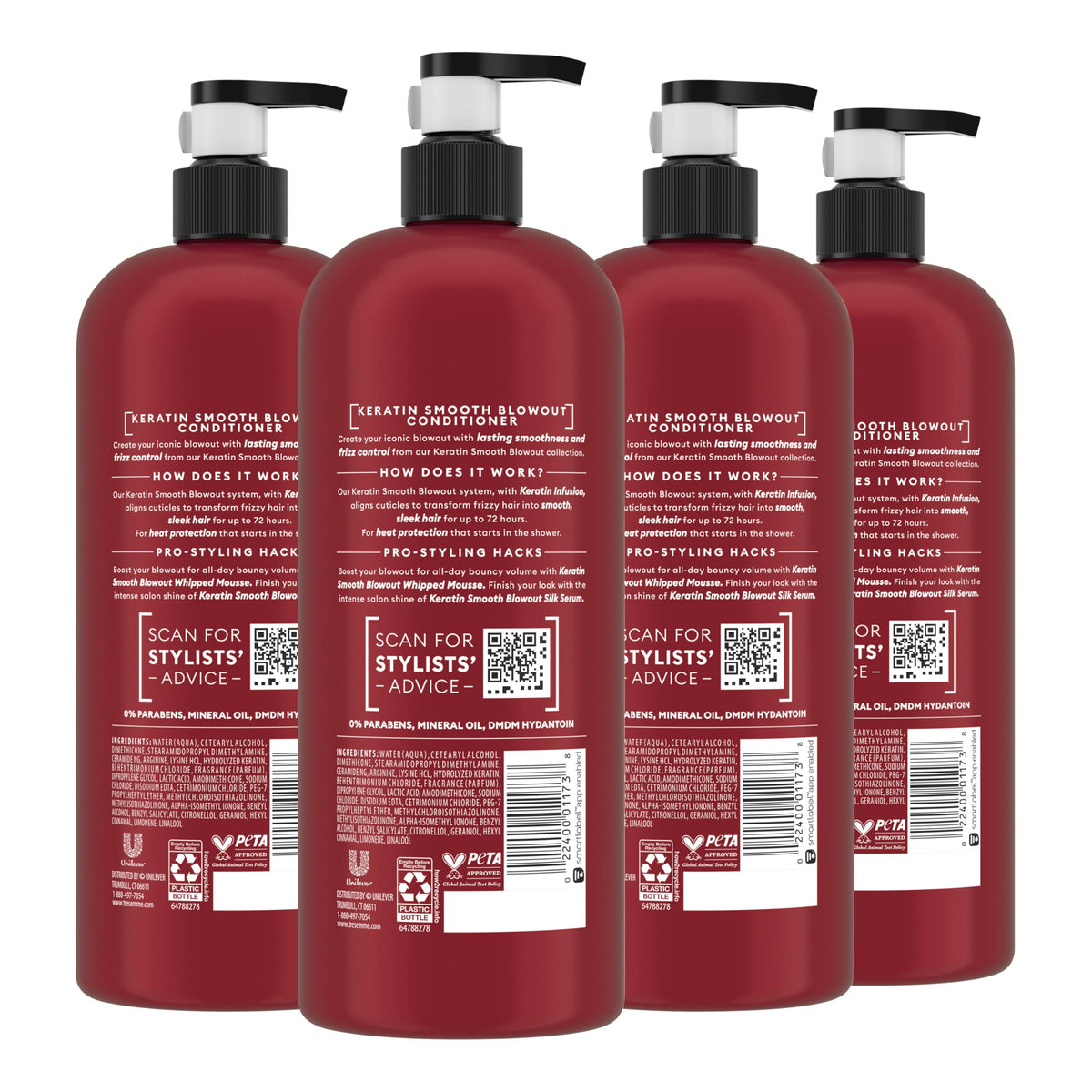 TRESemmé back label highlighting ingredients directions and PETA approval