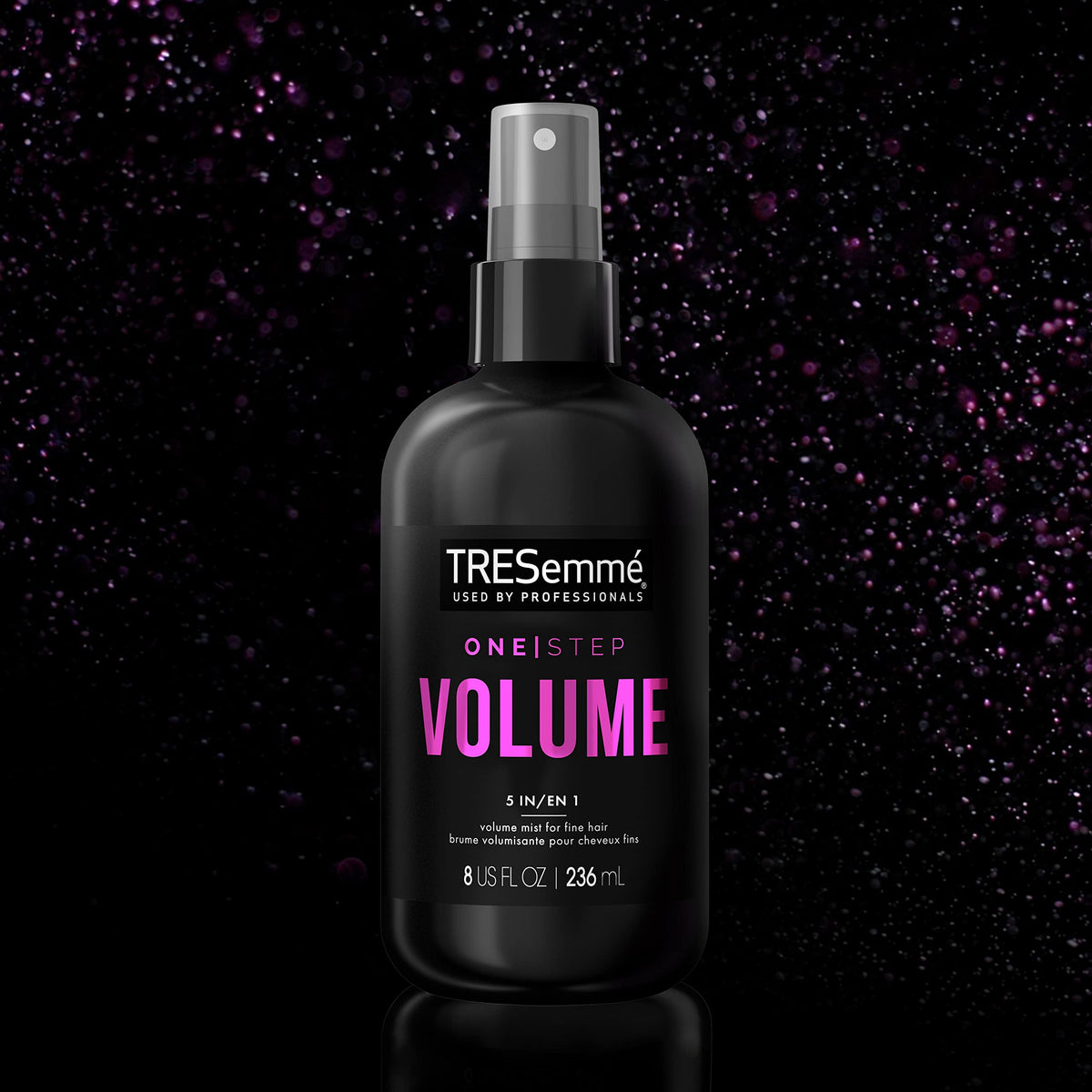 TRESemmé bottle on bathroom vanity suggesting salon results at home