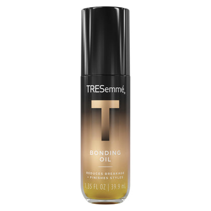 TRESemmé bottle front view showing compact finishing oil, boosts shine