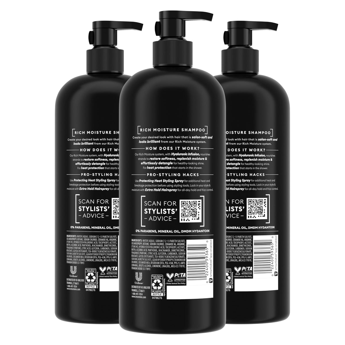 TRESemmé close-up label highlighting hyaluronic acid and ingredient benefit
