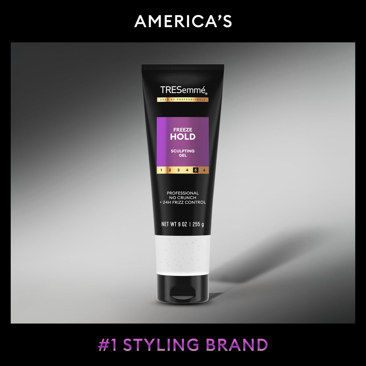 TRESemmé bottle beside a hand to show 9 oz size and travel-friendly benefit