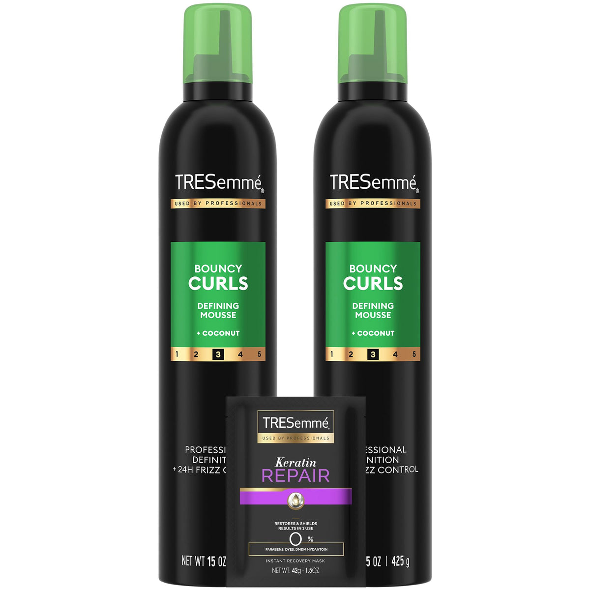 TRESemmé front packaging showing two 15 oz mousse cans and mask benefits