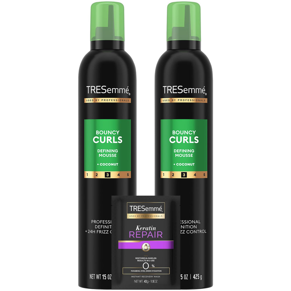 TRESemmé front packaging showing two 15 oz mousse cans and mask benefits